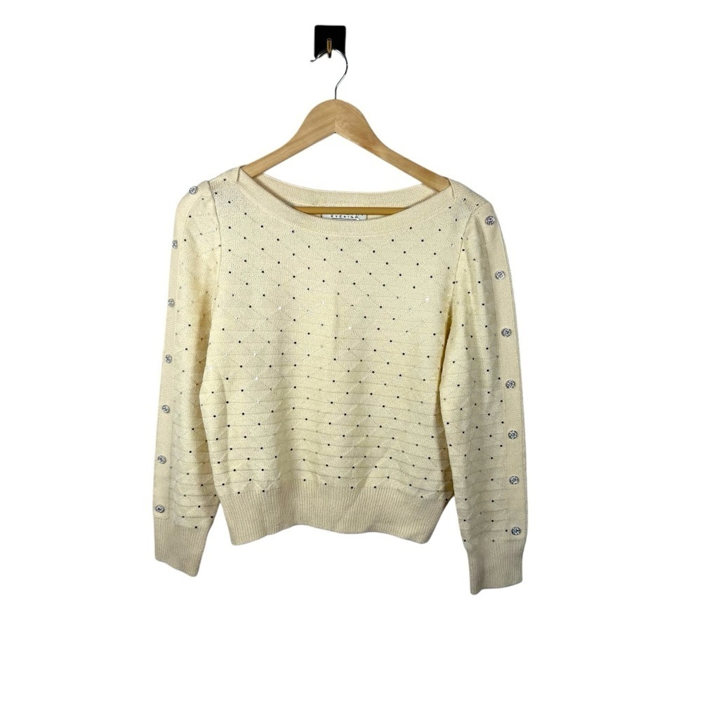 VINTAGE St. John Evening Embellished Rhinestone Sweater in Ivory/Silver Size 0